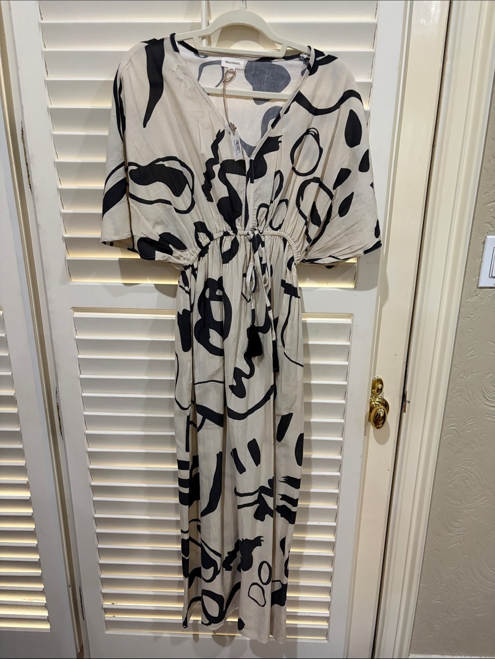 Cost Plus World Market Cream Maxi Dress with Black Abstract Print S/M  NWT